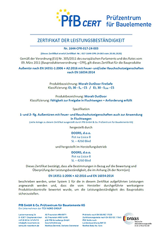 Zertifikat Brandschutz- und Paniktüren MORALT-DOORS