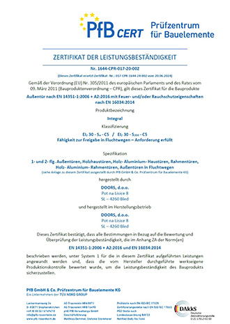 Zertifikat Brandschutz- und Paniktüren VARIOTEC-DOORS